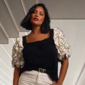 Anthropologie Black Blouse with Ivory Ruffle Sleeves